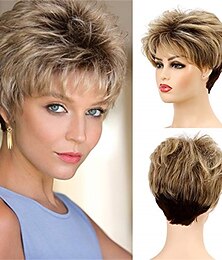 economico -Parrucche corte da folletto Baruisi per donna Parrucca per capelli cosplay a strati sintetici biondi misti