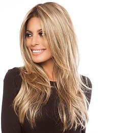 abordables -Perruques blondes longues pour femmes blanches, perruques blondes fraises droites en couches avec racines foncées, cheveux synthétiques de 25 pouces, perruque de cosplay quotidienne d'halloween