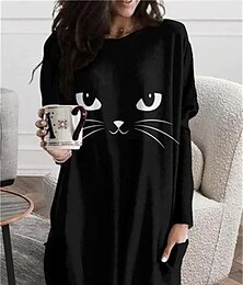 cheap -Women's T shirt Tee Cat Daily Weekend Black White Pink Pocket Print Long Sleeve Funny Round Neck Regular Fit Fall & Winter