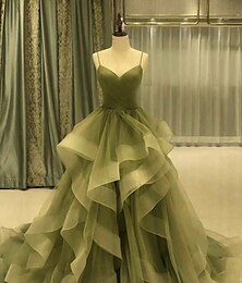 cheap -A-Line Prom Dresses Elegant Dress Formal Court Train Red Green Dress Sleeveless Spaghetti Strap Tulle with Pleats Ruffles 2024