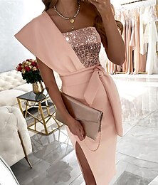 cheap -Women's Party Dress Sequin Dress Cocktail Dress Midi Dress Pink Sleeveless Pure Color Lace up Spring Fall Winter One Shoulder Fashion Winter Dress Wedding Guest Vacation 2023 S M L XL