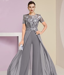 cheap -Jumpsuit / Pantsuit Mother of the Bride Dress Wedding Guest Elegant Jewel Neck Ankle Length Stretch Chiffon Short Sleeve with Lace Pleats 2024