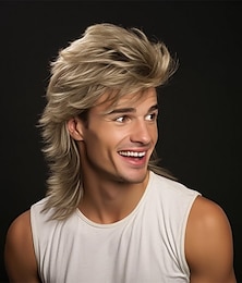 preiswerte -blonde Vokuhila-Perücke|lustige Perücken für Erwachsene für Männer|Pop-Rock-Perücke|Joe-Dreck-Perücke für 70er|80er-Jahre-Perücke