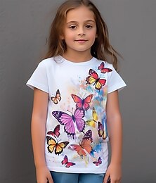 cheap -Girls' 3D Butterfly Tee Shirt Short Sleeve 3D Print Summer Spring Active Fashion Cute Polyester Kids 3-12 Years Crew Neck Outdoor Casual Daily Regular Fit
