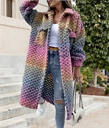 baratos -Suéter cardigan feminino suéter de crochê bolso de malha cor gradiente camisa gola elegante casual ao ar livre diário outono inverno roxo 2xl