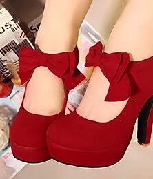 economico -Décolleté con tacco alto e fiocco rosso da donna – scarpe vintage in pelle scamosciata con plateau per abiti da festa, matrimonio e vacanza