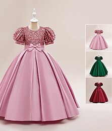 cheap -Kids Girls' Party Dress Solid Color Short Sleeve Formal Performance Wedding Sequins Ruched Elegant Princess Beautiful Cotton Polyester Midi Party Dress Flower Girl's Dress Spring Fall Winter 4-13