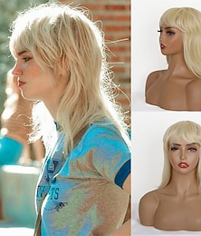 abordables -Perruque moderne courte shaggy mullet pour femmes perruque mullet des années 80 perruque pixie coupée avec frange perruque synthétique faux cheveux blonds naturels avec des reflets blancs coupe