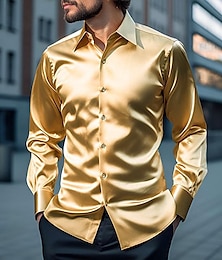 رخيصةأون -رجالي قميص زر حتى القميص قميص غير رسمي قميص من الحرير الساتان أسود أصفر أزرق أحمر رمادي فاتح كم طويل سهل Lapel مناسب للبس اليومي عطلة ملابس موضة كاجوال مريح