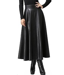economico -Per donna Gonna Gonna lunga Elegante Di tendenza Informale Medio Vita alta Gonne Tinta unita Increspato Da mare Strada Nero Autunno inverno Ecopelle