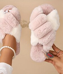 olcso -Women's Slippers Fuzzy Slippers Fluffy Slippers House Slippers Daily Indoor Color Block Winter Flat Heel Open Toe Casual Comfort Minimalism Faux Fur Loafer Black Pink Green