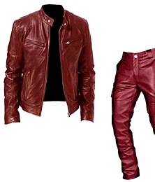 abordables -Hombre Chaqueta de cuero sintético Chaqueta de transición Ropa Cotidiana Casual Diario Cremallera delantera Otoño invierno Color sólido/liso Punk Cuello Barco Regular Negro Rojo Chaquetas