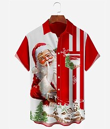 お買い得  -クリスマス メンズ サンタクロース プリント シャツ サンタクロース カジュアル 半袖 普段着 週末のお出かけ 秋 ターンダウン ポケット プリント ボタンダウン イエロー レッド ブルー グリーン 4方向ストレッチ生地