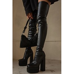 abordables -bottes à plateforme au-dessus du genou pour femmes – bottes à talons hauts en similicuir extensible noir et blanc pour événements de mode et fêtes