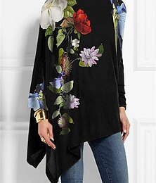 ieftine -Pentru femei Tricou Floral Concediu Sfârșit de săptămână Imprimeu Asimetric Negru Manșon Lung Modă Gât Înalt Primăvara & toamnă