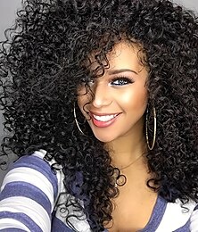 cheap -Black 14 Inch Afro Curly Kinky Hair Wigs With Side Bangs For Women Synthetic Fiber Kinky Curly Wigs Natural Looking Hair Wigs