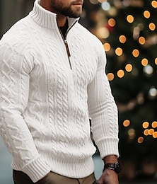 cheap -Men's Pullover Sweater Jumper Cable Knit Regular Knitted Quarter Zip Plain Stand Collar Modern Contemporary Xmas Work Clothing Apparel Winter Black White M L XL