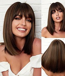 cheap -Brown Bob Wig With Air Bangs Shoulder Length Straight Wigs For Women Heat Resistant Fibre Synthetic Wig Natural Looking 14 Inch