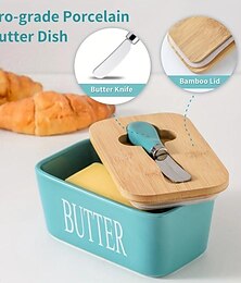 billige -Butter Dish With Bamboo Lid And Knife, Large Ceramic Butter Dish With Quality Silicone Sealing, Ideal For Kitchen Baking And Gifting, Airtight Butter Keeper Container