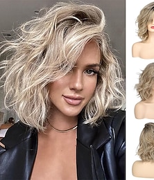 cheap -14 inch Short Curly Wavy Bob Wigs for Women Dirty Blonde Wavy Wigs with Side Bangs Synthetic Hair Wig