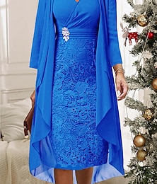 Χαμηλού Κόστους -Γυναικεία Σετ φορέματος δύο τεμαχίων Καθημερινό φόρεμα Φόρεμα Εξόδου Κομψό Καθημερινό Δαντέλα Μίντι φόρεμα Λαιμόκοψη V Μακρυμάνικο Σκέτο Κανονικό Κρασί Θαλασσί Φθινόπωρο Χειμώνας Τ M L XL XXL