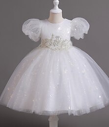 cheap -Kids Girls' Party Dress Sequin Short Sleeve Wedding Special Occasion Sequins Zipper Puff Sleeve Adorable Sweet Cotton Polyester Maxi Party Dress Summer Spring Fall 4-13 Years White Champagne Pink