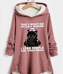 baratos -Moletom com Capuz Feminino Pullover Forrado de Fleece Pijamas Quentes Letra de Gato Impressão Casual Esportiva Quimono Engraçado Confortável Ajuste Solto Manga Longa Superior Microelástico