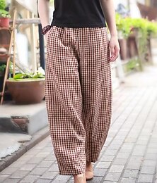 abordables -Femme Ample Pantalon Mélange de Lin & Coton Plaid Taille haute Toute la longueur Noir Automne