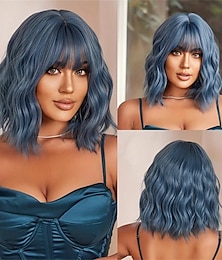 baratos -Perucas de cabelo encaracolado curto azul com franja perucas de cabelo de fibra sintética de 14 polegadas para mulheres perucas de cabelo elegantes para festa diária cosplay uso de halloween