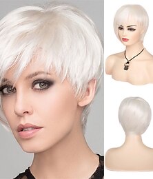 abordables -Peluca blanca corta Pixie peluca asimétrica recta natural peluca de disfraz de Halloween cosplay peluca de pelo sintético resistente al calor para mujeres (blanco crema)