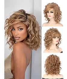 economico -Parrucche bob corte ricce ondulate da 14 pollici per le donne parrucche ondulate bionde ombre con parrucca sintetica per capelli con frangia laterale