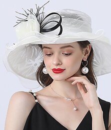 economico -fascinators kentucky derby cappello copricapo poliestere organza cappello da sole cappello a cilindro velo cappello vacanza spiaggia elegante vintage con piuma pizzo lato copricapo copricapo
