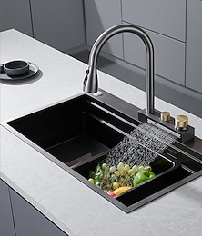 Недорогие -5-режимный кухонный смеситель-водопад со светодиодным индикатором температуры, современные многофункциональные выдвижные/опускные кухонные смесители для кухонной мойки, внутренняя часть керамического клапана
