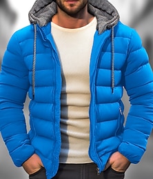 cheap -Men's Winter Coat Puffer Jacket Pocket Hooded Office & Career Date Casual Daily Warm Winter Color Block Black Red Navy Blue Blue Puffer Jacket