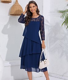 cheap -Women's Lace Dress Party Dress Cocktail Dress Lace Ruffle Crew Neck Long Sleeve Midi Dress Vacation Navy Blue Spring Winter