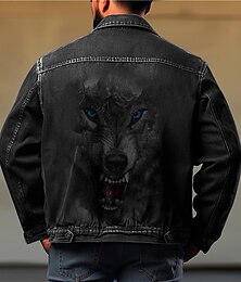 cheap -Animal Wolf Casual Men's Coat Denim Jacket Sports & Outdoor Going out Weekend Fall & Winter Turndown Long Sleeve Black Blue M L XL Denim Jacket