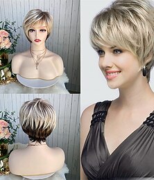 economico -Parrucche ricci ombre bionde con taglio pixie per donne bianche, parrucca a strati da marrone a biondo sfumato parrucca corta pixie bob con frangia parrucca corta carina per donne parrucca con