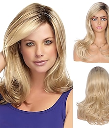levne -dámská ombre blond tmavě hnědé kořínky dlouhá kudrnatá vlnitá paruka z tepelně odolných syntetických vlasů pro ženy blond paruka s ofinou
