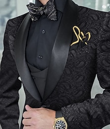 baratos -Ternos de baile masculinos pretos, festa de casamento, smoking, 3 peças, gola xale, jacquard floral, plus size, ajuste personalizado, um botão, um botão, 2024