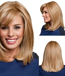 abordables -perruques perruque blonde fraise avec frange cheveux synthétiques perruque naturelle complète droite longueur moyenne perruque bob perruques de costume d'Halloween pour femmes perruques de cosplay 14"