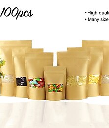 preiswerte -100 Stück/Lot Kraftpapierbeutel, selbstdichtende Standbodenbeutel mit transparentem Fenster für getrocknete Lebensmittel/Snacks/Obst/Tee/Geschenkverpackungen