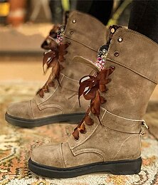 abordables -Botas de combate con cordones y cierre de velcro para mujer con forro floral y detalle de cinta: perfectas para salidas informales, festivales y uso diario.