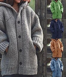 billige -Dame Kofte Strikket Knapp Ensfarget Helfarge Grunnleggende Fritid Myk Langermet Løstsittende Genser og cardigans Med hette Åpen Forside Høst Vinter Blå Svart Grå / Daglig / Frakk
