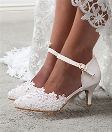 cheap -Wedding Shoes for Bride Bridesmaid Women Closed Toe Pointed Toe White PU Pumps With Imitation Pearl Lace Flower Low Heel Kitten Heel Wedding Party Valentine's Day Elegant Classic Ankle Strap