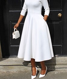 cheap -Women's White Dress Midi Dress Pocket Daily Date Elegant Streetwear Crew Neck 3/4 Length Sleeve Black White Pink Color