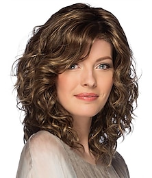 cheap -Medium Length Brown Curly Wigs with Highlights Short Brown Mixed Blonde Wigs for White Women Natural Looking Wavy Synthetic Hair Wigs