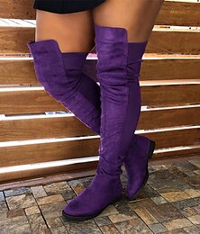 abordables -Botas de gamuza sintética moradas por encima de la rodilla para mujer: botas de tacón plano elásticas hasta el muslo de moda para otoño e invierno