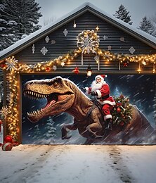 preiswerte -Weihnachtstürdekorationen für draußen, Garagentorabdeckung, Weihnachtsmann reitet auf Dinosauriervorhang, Weihnachtstürbanner, Party, große Türwandkulisse, Dekoration für den Urlaub, Wanddekorationen