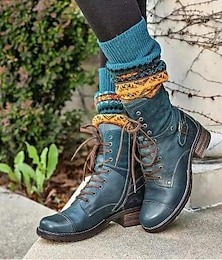 baratos -Botas femininas azuis com cadarço, gola de camurça e fivela, botas de combate estilosas para uso casual e ao ar livre