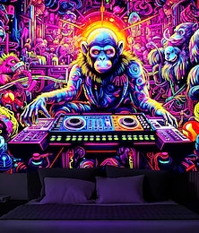abordables -Tapiz de luz negra UV reactivo que brilla en la oscuridad DJ chimpancés animal trippy brumoso naturaleza paisaje colgante tapiz pared arte mural para sala dormitorio